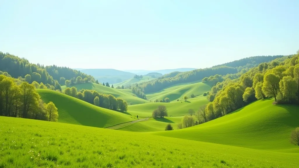 Krajina se zelením pahorky v dálce a čistou oblohou během jarního dne