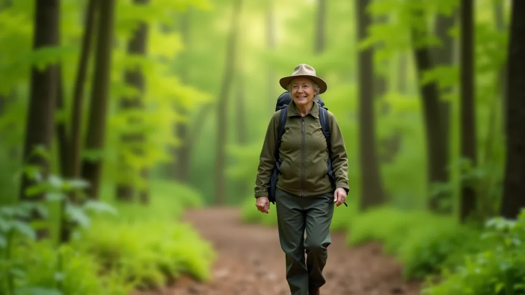 Senior žena na přírodní cestě v lese, procházka po lesní trati s pěší botami